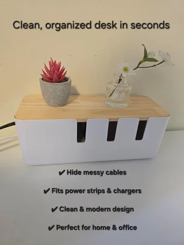 Miniatura 3 de Juego de 2 cajas de organización de cables, organizador de cables con tapa de bambú, caja organizadora de cables grande y mediana para escritorio