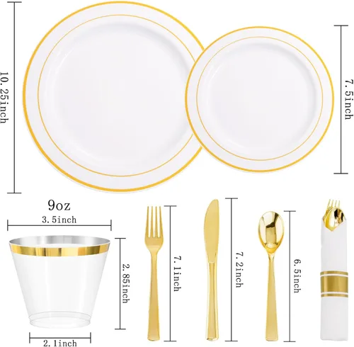 Miniatura 4 de DaYammi Juego de vajilla de plástico dorado de 350 piezas para 50 invitados, platos desechables elegantes para fiestas, incluye: 50 platos llanos
