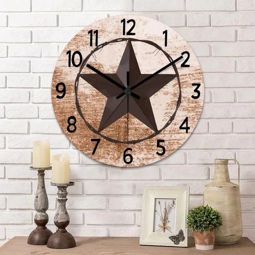 Miniatura 12 de Reloj de pared rústico de estilo retro clásico con estrella de Texas occidental, reloj de madera, silencioso, sin tictac, funciona