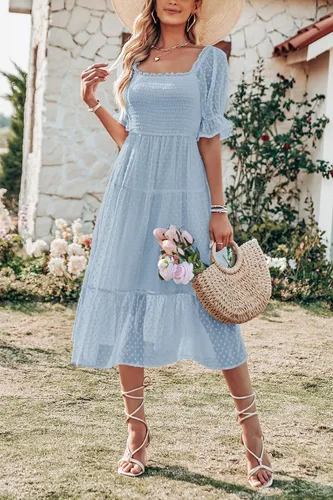 Miniatura 4 de MEROKEETY - Vestido de verano con lunares suizos para mujer vestido midi con cuello cuadrado, mangas abombadas, volados, lazo en la espalda