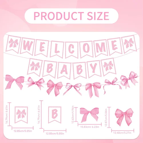 Miniatura 2 de Decoraciones de baby shower, 3 piezas de letrero de bienvenida para bebé, carteles con temática de lazos rosados, suministros para fiesta
