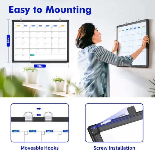 Miniatura 3 de Calendario de borrado en seco para pared, pizarra blanca magnética mensual de 24 x 18 pulgadas, borrado en seco, marco de aluminio negro con bandeja