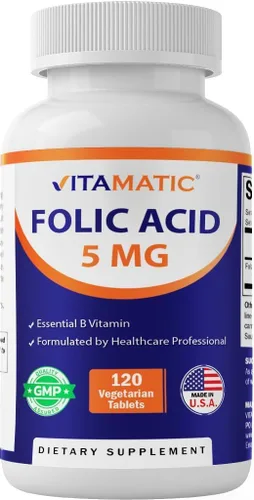 Vitamatic Ácido fólico 5 mg (5000 mcg) - 120 tabletas vegetarianas de vitamina B9 de alta potencia (Folato) para la salud celular, apoyo cardíaco y