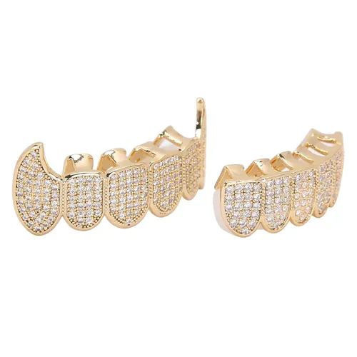 Miniatura 6 de Rejillas de dientes de cobre chapado en frío, oro plateado, dientes de diamante helados para hombres y mujeres rapero traje dientes joyería