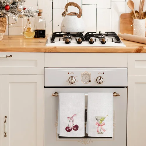 Miniatura 3 de Juego de 2 toallas de cocina de cerezo con lazo rosa, lindas toallas de mano de cóctel de Martini sucio, toallas de cocina rosas para fiesta de té