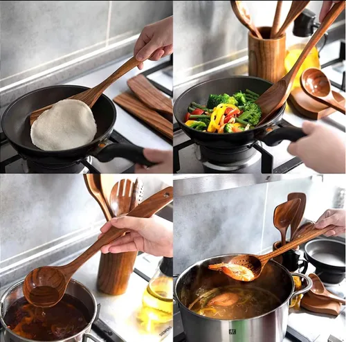 Miniatura 8 de R&C Juego de utensilios de cocina de madera, 9 piezas, herramientas de cocina de teca con soporte y ganchos, antiadherentes, resistentes al calor