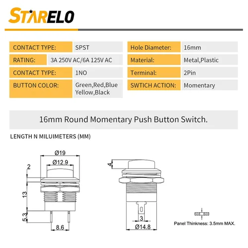 Miniatura 2 de STARELO 5 piezas de interruptor de botón momentáneo redondo de 16 mm SPST 3A AC250V/6A AC125V 2Pin 1NO con cable presoldado R13-507 (negro).