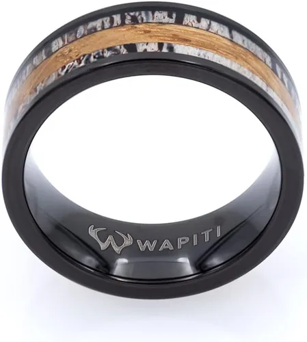 Miniatura 5 de Wapiti Incrustación de cuerno, turquesa y barril de whisky en anillo de tungsteno con caja de anillo incluida, Cuernos Madera de barril de whisky