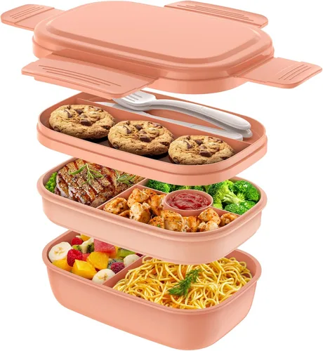Miniatura 12 de HOMETALL - Lonchera bento apilable para niños y adultos, gran capacidad de 1900ml, contenedores de almuerzo a prueba de fugas con juego de cubiertos