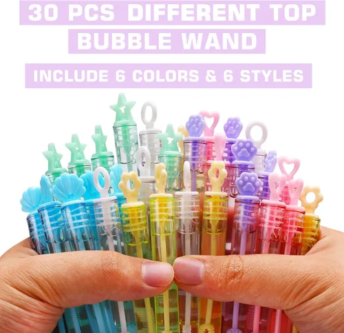 Miniatura 5 de Paquete de 30 mini varitas de burbujas (6 estilos, 6 colores), recuerdos de fiesta de burbujas a granel, bolsas de regalo para niños, grandes