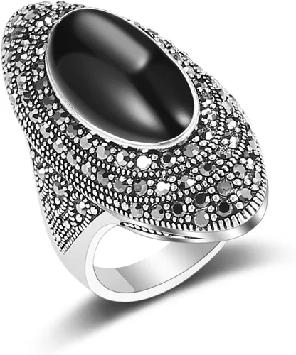Mytys Retro Vintage Cocktail Statement Ring Black Marcasite & Crystal Rings for Women Girls Antique Silver Big Black Onyx Stone Ring