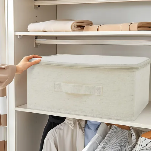 Miniatura 4 de Caja de almacenamiento de ropa de tela con tapa con cremallera, paquete de 3 organizadores de armario a prueba de polvo, cajas plegables para sala