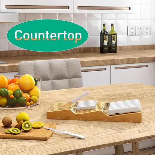Miniatura 5 de Organizador de cajones de cuchillos grande, soporte para cuchillos de madera de bambú, bloque de cuchillos con capacidad para hasta 15 cuchillos
