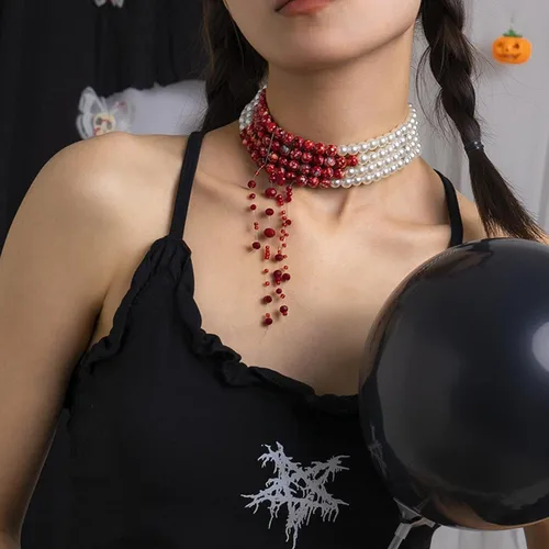 Miniatura 3 de Collar de perlas de sangre para mujer, collar de sangre para disfraz de vampiro, joyería de goteo, gargantilla de perlas, disfraz de fiesta