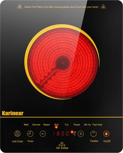 Karinear - Estufa eléctrica portátil, 1800 W, 110 V, estufa eléctrica | Ceramic Cooktop, Sensor Touch Control,Safety Lock, Timer, Overheat