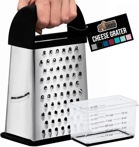 GORILLA GRIP XL Rallador de queso de 4 lados con contenedor, ralladores de caja de acero inoxidable 100% libres de BPA, triturador de queso