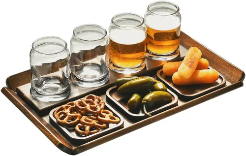Miniatura 12 de Juego de bandejas de vuelo de tequila de madera rústica, tabla de degustación con 4 vasos de chupito y posavasos, muestra de cóctel para fiestas