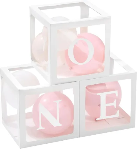 Miniatura 7 de Cajas de globos de primer cumpleaños para niño o niña con letras "ONE" individuales, tres cajas cuadradas blancas transparentes para decoración