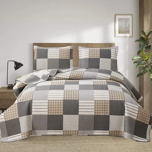 Miniatura 12 de Juego de colcha tamaño queen de Ycosy, ropa de cama a cuadros, colcha de retazos, colcha suave y ligera, colcha a rayas grises y blancas, colcha
