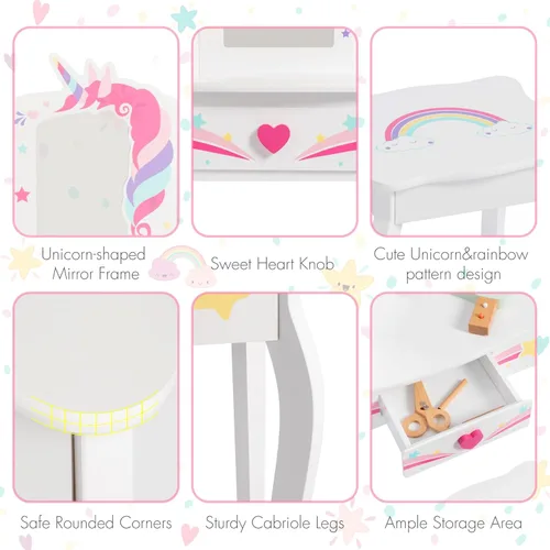 Miniatura 3 de Spirich Vanidad para niños, juego de tocador para niñas con espejo, taburete y luces, juego de mesa y silla de tocador para niños, mesa de tocador