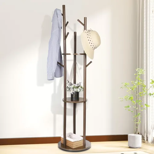 Perchero de madera con 3 estantes y 9 ganchos, perchero giratorio independiente para entrada, dormitorio, sala de estar, pasillo, capacidad para