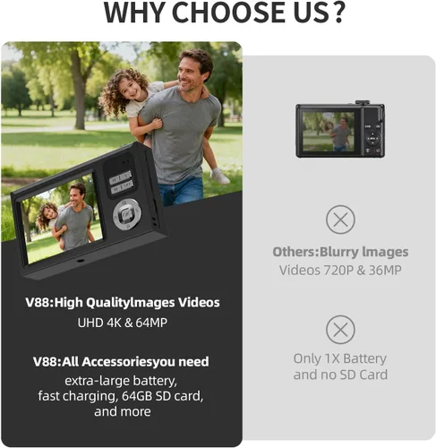 Miniatura 6 de Cámara digital para niños y principiantes, cámara digital 4K con tarjeta SD de 64 GB, zoom 16X, cámara compacta de apuntar y disparar con pantalla