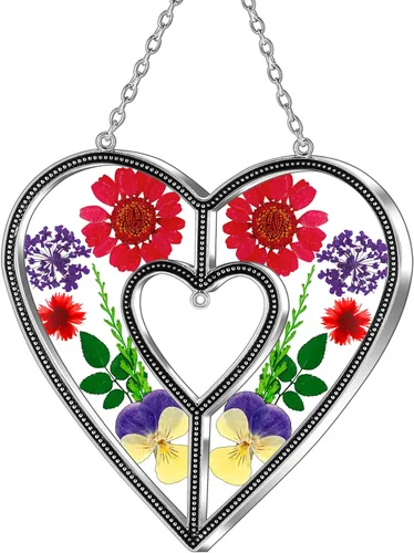 Ky&Bosam - Atrapaluz de cristal, ventana en forma de corazón, con flor prensada, diseño de corazón/ "Mom", regalo para el Día de la Madre, Navidad,