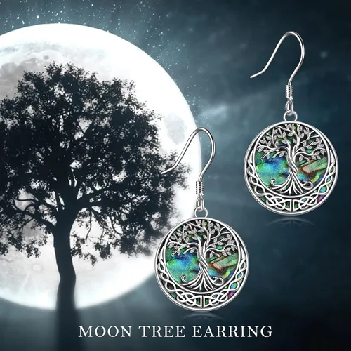 Miniatura 6 de Aretes de plata de ley con diseño de árbol de la vida celta con concha de abulón para mujer