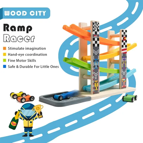 Miniatura 5 de Wood City Set de Juguetes de Rampa y Carrera de Coches de Madera con 4 Coches en Miniatura y Pistas de Carrera, Juguetes para Niños de 1, 2, 3 Años