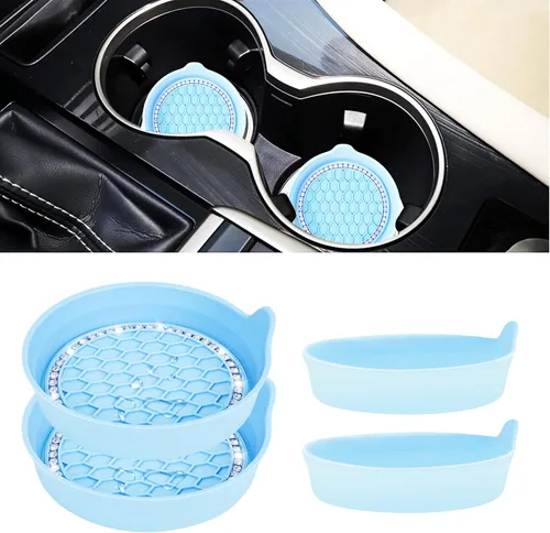 Portavasos universal para automóvil, accesorio interior de automóvil con diamantes de imitación brillantes, color azul, paquete de 4