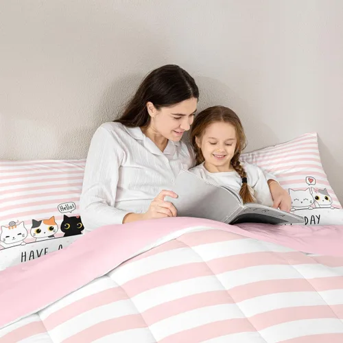 Miniatura 75 de Erosebridal Juego de ropa de cama para niños, tamaño individual, diseño de gatos de dibujos animados, para niñas, niños y adolescentes, edredón