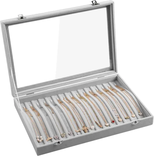 Frebeauty Bandeja para collares de terciopelo con 15 ganchos, organizador de collares con tapa transparente, con cerradura, caja organizadora de