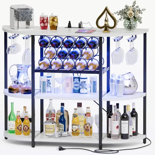 Furmax Armario de bar de vino para barra de licor, armario de mesa con luces y tomacorriente, almacenamiento de 4 niveles, estantes de vino Blanco