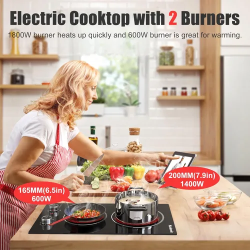Miniatura 5 de Placa eléctrica de 2 quemadores, encimera de 12 pulgadas y estufa eléctrica integrada, estufa eléctrica de 110 V con enchufe, control de perilla, 9