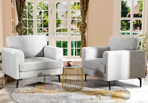 Miniatura 11 de Silla decorativa de gran tamaño, sillas tapizadas para sala de estar, sofá individual con patas de metal, cómoda silla de lectura de tela de lino