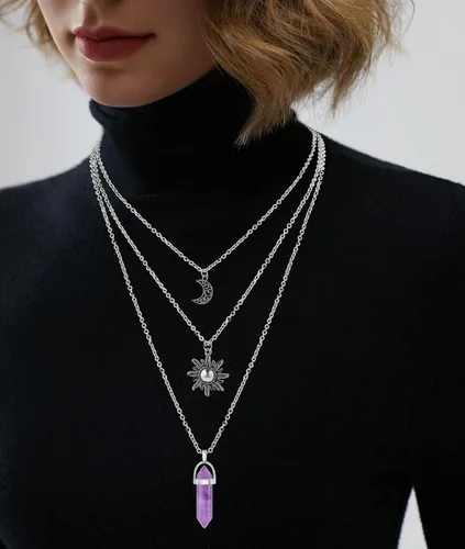 Miniatura 15 de Collar gótico de sol y luna para mujer, collares con colgante de cristal, accesorios Y2K, collar de luna creciente en capas para mujer, collar