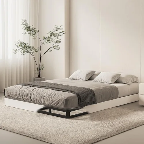 Base de cama tamaño Queen con somier, perfil bajo de 5 pulgadas, base de colchón de metal de servicio pesado de 3000 libras con funda de tela, fácil