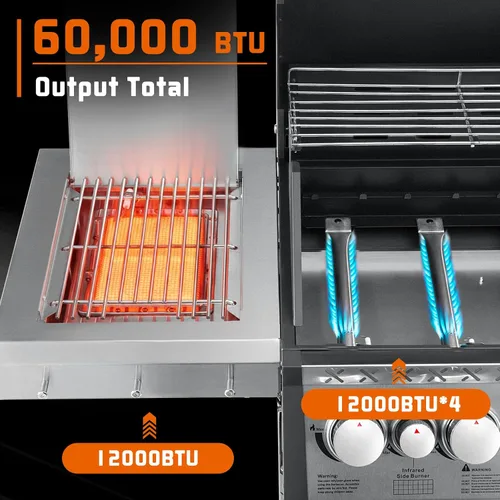 Miniatura 6 de SKOK Parrilla de gas propano de 4 quemadores con quemadores laterales y traseros infrarrojos, parrilla de barbacoa al aire libre con rejillas