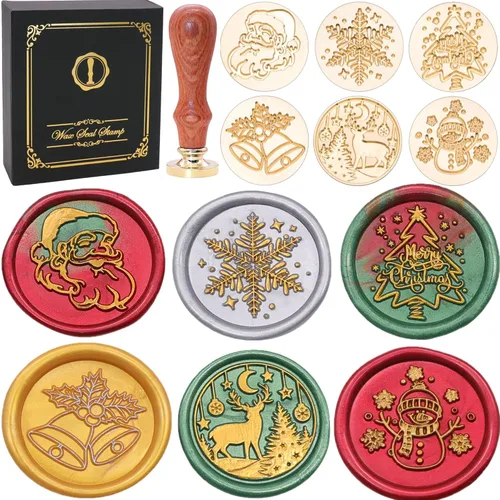 SWANGSA Juego de caja de regalo de sellos de cera de Navidad, 6 cabezas de sello de sellado vintage + 1 empuñadura de madera, kit de sellos de cera