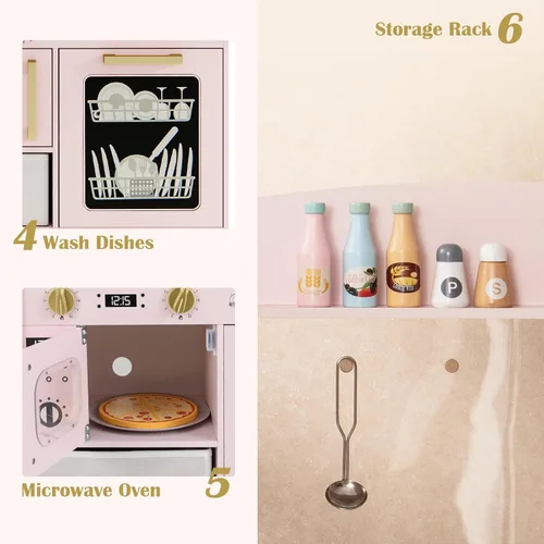Miniatura 3 de INFANS Juego de cocina para niños, juego de juguetes de cocina de madera para niños pequeños con tablero de dibujo acrílico, máquina de hielo, Rosa
