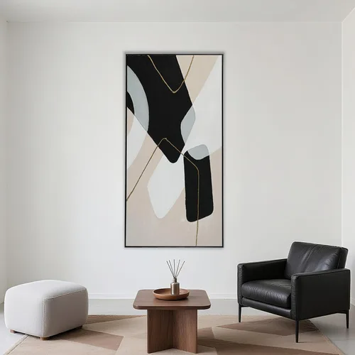 Miniatura 3 de Decoración de Arte de Pared Abstracto Enmarcado, Negro y Blanco Hecho a Mano Tamaño Grande 29"x58", Cuadros para Sala Elegantes y Modernos