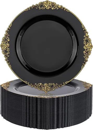 Nervure 100 platos de plástico negro y dorado, platos desechables negros de 10.25 pulgadas, platos llanos de plástico negro para bodas, fiestas y