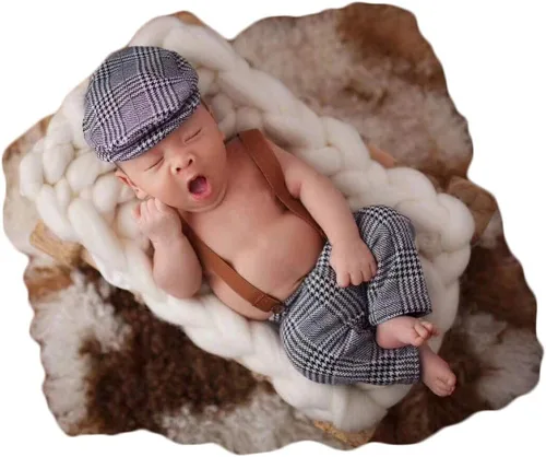 Coberllus Accesorios para fotos de bebé recién nacido tela a cuadros para niños gorra plana y pantalones con tirantes