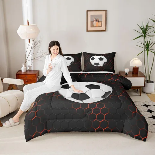 Miniatura 4 de Juego de edredón de panal negro y rojo para adolescentes, jóvenes y adultos, juego de ropa de cama de fútbol y fútbol, juegos de edredón hexagonales