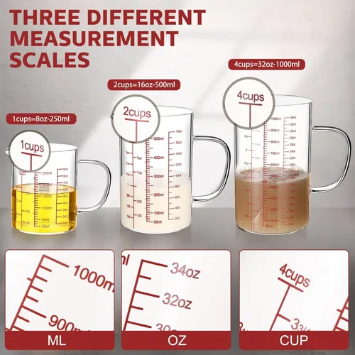 Miniatura 5 de Lallisa Juego de 3 tazas medidoras de vidrio de borosilicato alto con asa en forma de V, 4, 2, 1 taza y 3 escalas (onzas, taza, ml), para cocina