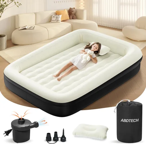 Cama inflable de viaje para niños pequeños, colchón de aire portátil de 64 pulgadas con cuatro lados de seguridad, bomba de alta velocidad y bolsa