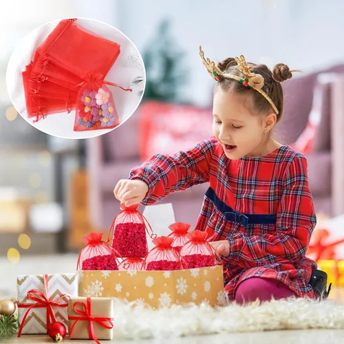Miniatura 7 de Hopttreely 100 bolsas de organza transparente, bolsas de regalo de joyería roja, bolsas de regalo de boda de Navidad de 4 x 6 pulgadas con cordón
