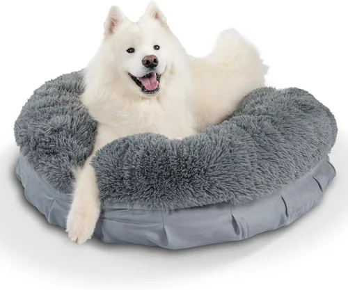 Best Friends by Sheri Cama puf ultra relajante, cama ortopédica redonda para perro para soporte de articulaciones, piel sintética, funda lavable,