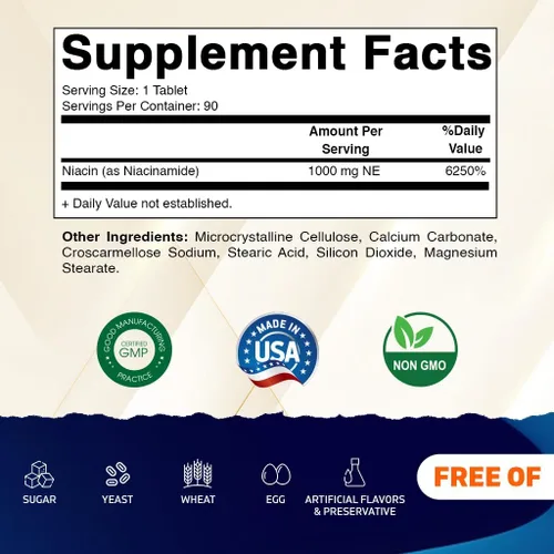 Miniatura 2 de Vitamatic Niacinamida 1000 mg 90 comprimidos - Vitamina B3 sin rubor - Apoya la producción de energía