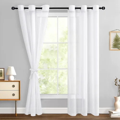 Miniatura 104 de Hiasan - Cortinas traslúcidas de gasa cortas semitransparentes con ojales y alzapaños filtrantes de luz para ventana, dormitorio, baño, 2 paneles
